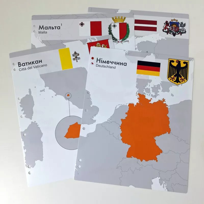 Interleaves sheets for Europe coin album. Countries
