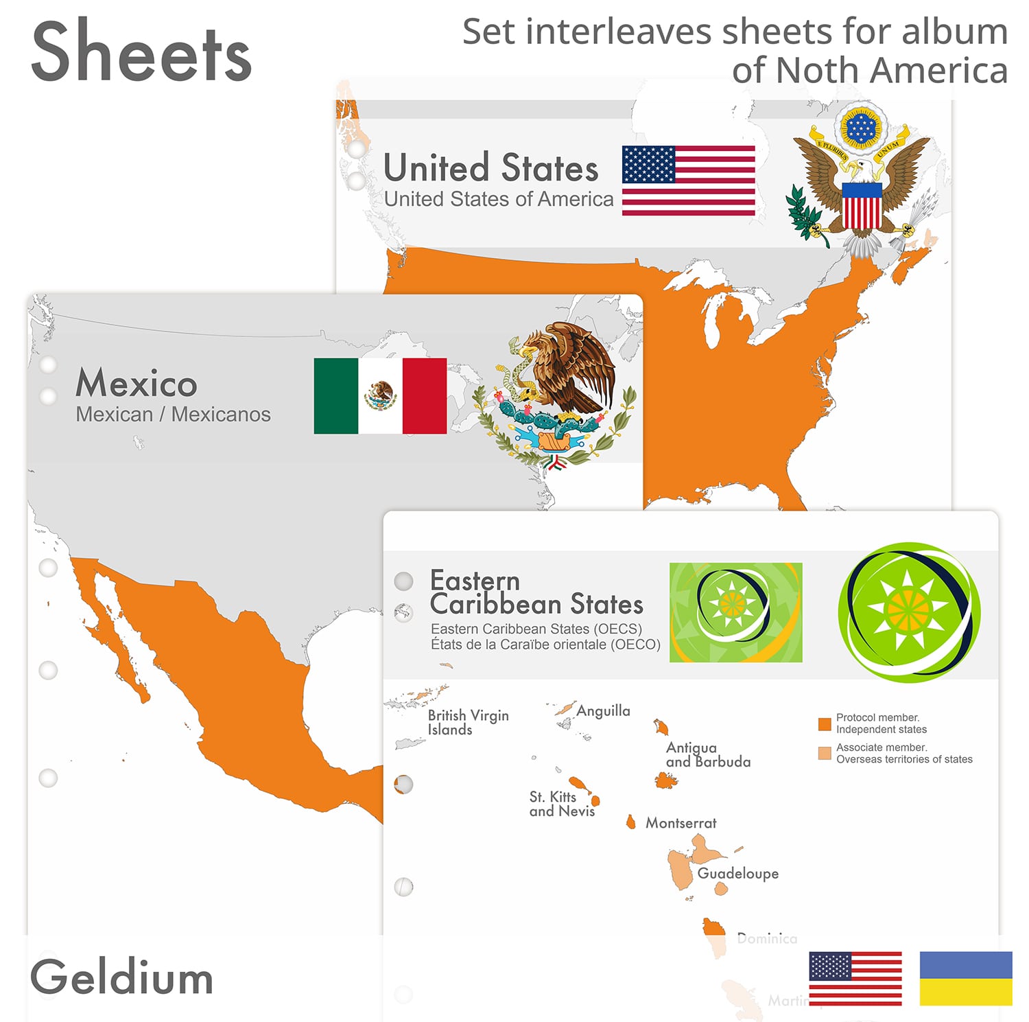 Interleaves sheets for North America coin album. Countries