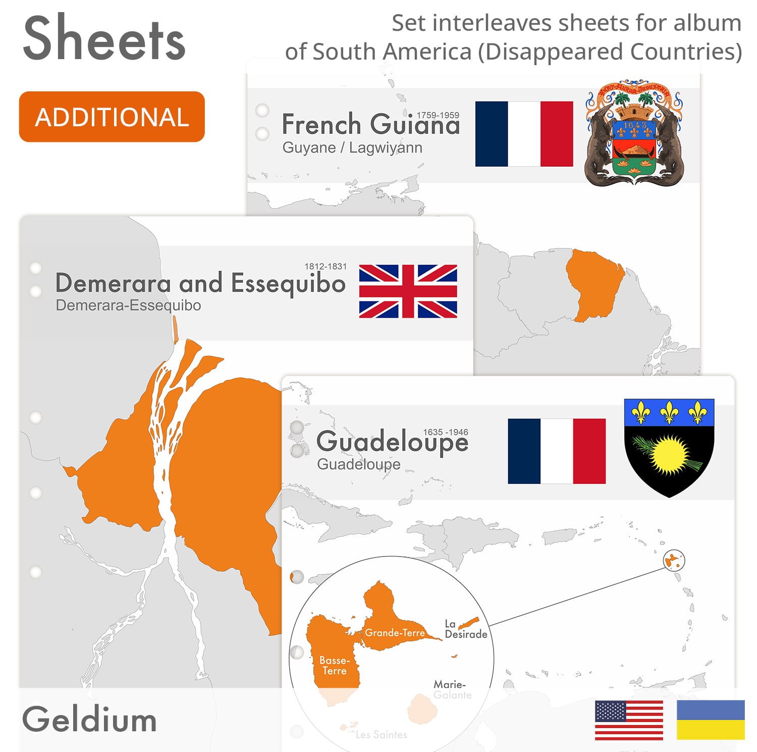 Interleaves sheets for South America coin album. Disappeared Countries